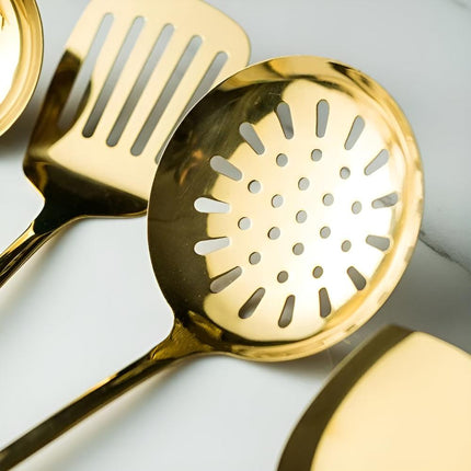 Golden Stainless Steel Cooking Utensil Set | Ergonomic Rust-Resistant Kitchen Tools | Includes Spatula, Frying Spatula, Cooking Spoon, Colander, Noodle Server, Scraping Spoon, Storage Rack | Dishwasher Safe