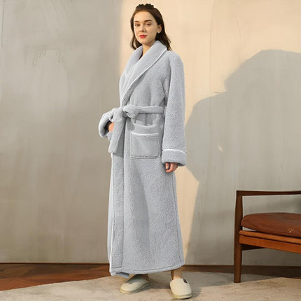 Luxurious Sherpa Fleece Bathrobe | Unisex Shawl Collar Robe with Pockets | Cozy Coral Flannel Fabric for Year-Round Comfort | Soft Lightweight Design | Perfect Gift | Machine Washable