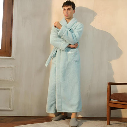 Luxurious Sherpa Fleece Bathrobe | Unisex Shawl Collar Robe with Pockets | Cozy Coral Flannel Fabric for Year-Round Comfort | Soft Lightweight Design | Perfect Gift | Machine Washable