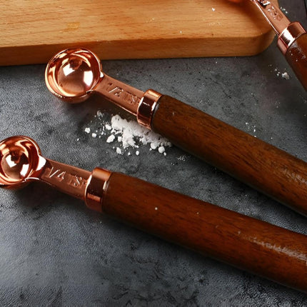 Copper-Plated Stainless Steel Measuring Cups and Spoons Set | Walnut Handle | Engraved Markings | Non-Slip Grip | Perfect for Baking and Cooking | Set of 8 | Ideal as Gift for Kitchen Enthusiasts