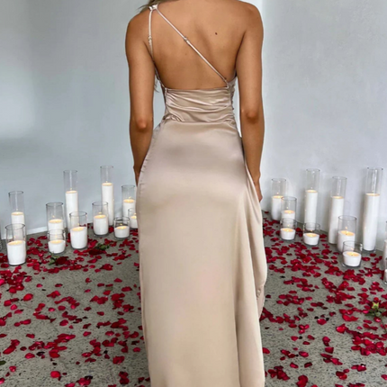 Eva | Pleated Satin Maxi Dress | One Shoulder Elegant Slit Gown for Chic Events