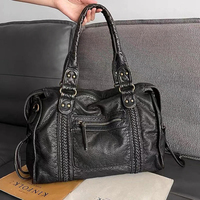 Jeoara | Washed PU Leather Tote | Vintage Design | Spacious Interior | Sturdy Shoulder Straps | Multi-compartment | Women's Fashion Bag | Elegant and Functional | Versatile Style | Durable Construction