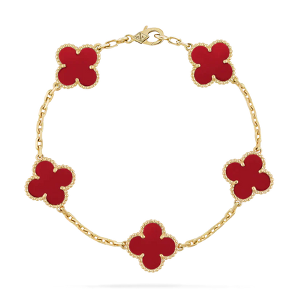 Marrakech Inspired | Red Clover Charm Bracelet | Gold Chain | Exotic Luxury Jewelry