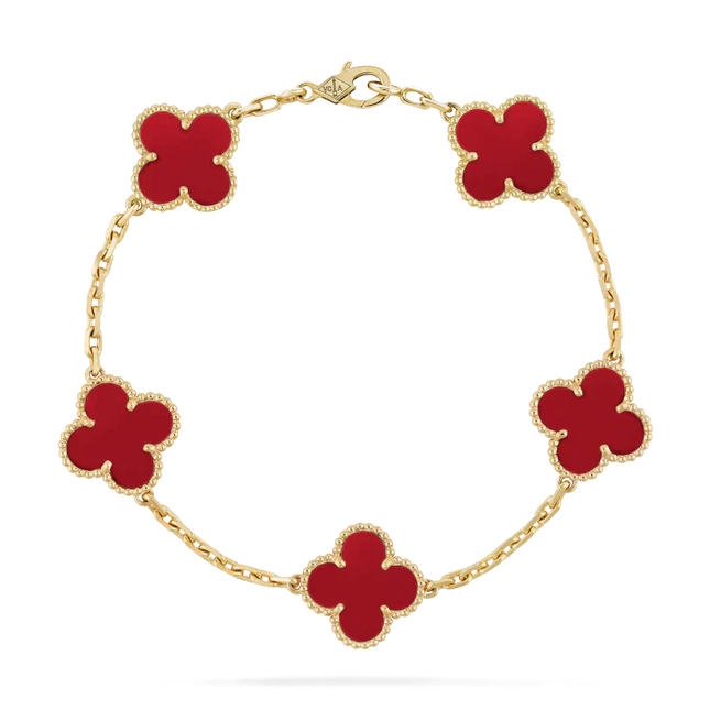 Marrakech Inspired | Red Clover Charm Bracelet | Gold Chain | Exotic Luxury Jewelry
