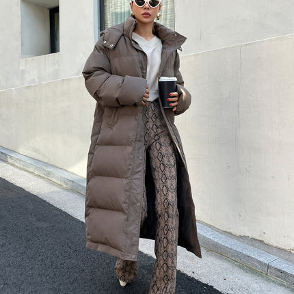 Women's Long Quilted Puffer Jacket | Cozy Hooded Design | Soft Off-White | Polyester Fiber Fill | Winter Casual | Warm Insulated | High Collar | Side Pockets | Effortless Style | Regular Fit