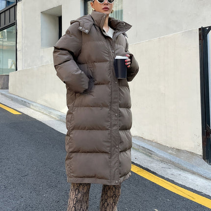 Women's Long Quilted Puffer Jacket | Cozy Hooded Design | Soft Off-White | Polyester Fiber Fill | Winter Casual | Warm Insulated | High Collar | Side Pockets | Effortless Style | Regular Fit