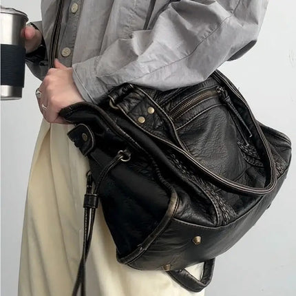 Jeoara | Washed PU Leather Tote | Vintage Design | Spacious Interior | Sturdy Shoulder Straps | Multi-compartment | Women's Fashion Bag | Elegant and Functional | Versatile Style | Durable Construction