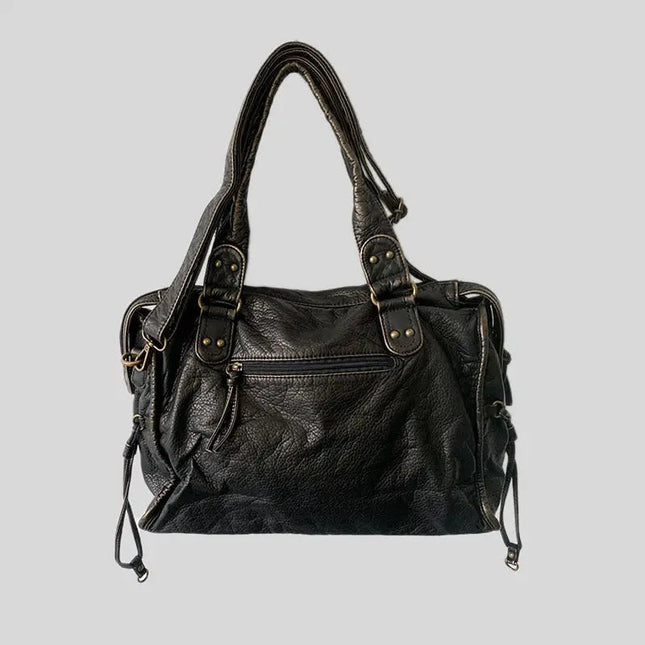 Jeoara | Washed PU Leather Tote | Vintage Design | Spacious Interior | Sturdy Shoulder Straps | Multi-compartment | Women's Fashion Bag | Elegant and Functional | Versatile Style | Durable Construction