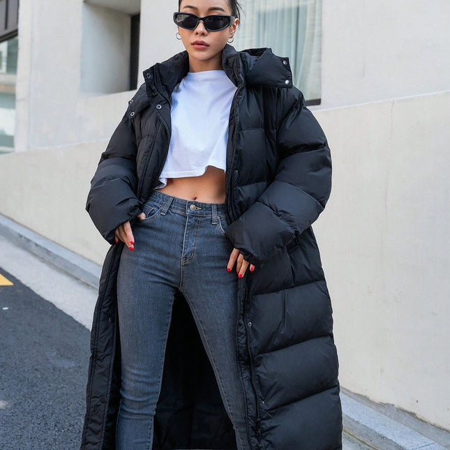 Women's Long Quilted Puffer Jacket | Cozy Hooded Design | Soft Off-White | Polyester Fiber Fill | Winter Casual | Warm Insulated | High Collar | Side Pockets | Effortless Style | Regular Fit