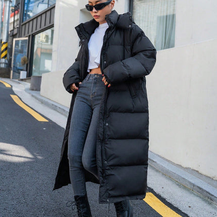 Women's Long Quilted Puffer Jacket | Cozy Hooded Design | Soft Off-White | Polyester Fiber Fill | Winter Casual | Warm Insulated | High Collar | Side Pockets | Effortless Style | Regular Fit