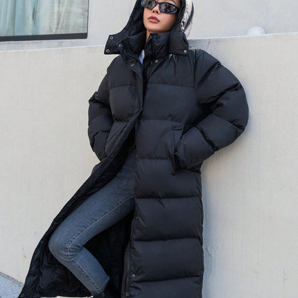 Women's Long Quilted Puffer Jacket | Cozy Hooded Design | Soft Off-White | Polyester Fiber Fill | Winter Casual | Warm Insulated | High Collar | Side Pockets | Effortless Style | Regular Fit
