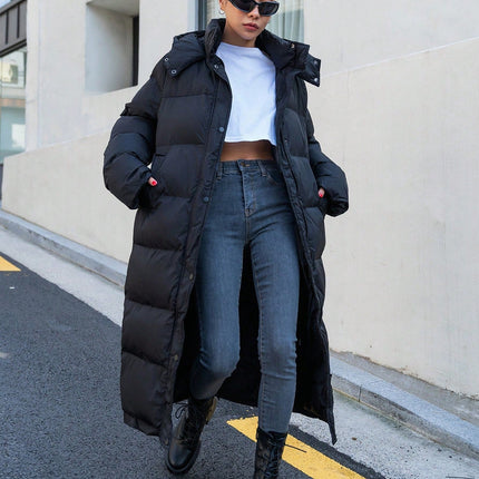 Women's Long Quilted Puffer Jacket | Cozy Hooded Design | Soft Off-White | Polyester Fiber Fill | Winter Casual | Warm Insulated | High Collar | Side Pockets | Effortless Style | Regular Fit