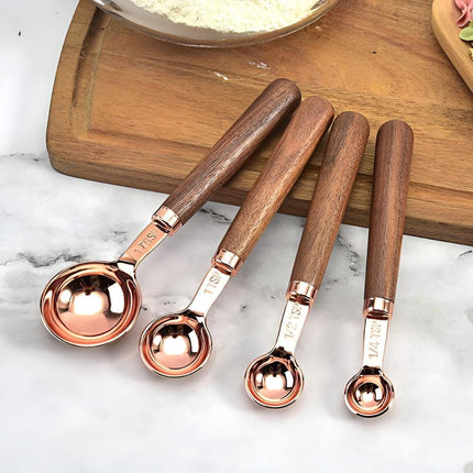 Copper-Plated Stainless Steel Measuring Cups and Spoons Set | Walnut Handle | Engraved Markings | Non-Slip Grip | Perfect for Baking and Cooking | Set of 8 | Ideal as Gift for Kitchen Enthusiasts