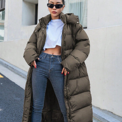 Women's Long Quilted Puffer Jacket | Cozy Hooded Design | Soft Off-White | Polyester Fiber Fill | Winter Casual | Warm Insulated | High Collar | Side Pockets | Effortless Style | Regular Fit