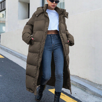 Women's Long Quilted Puffer Jacket | Cozy Hooded Design | Soft Off-White | Polyester Fiber Fill | Winter Casual | Warm Insulated | High Collar | Side Pockets | Effortless Style | Regular Fit