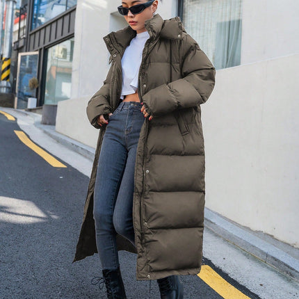 Women's Long Quilted Puffer Jacket | Cozy Hooded Design | Soft Off-White | Polyester Fiber Fill | Winter Casual | Warm Insulated | High Collar | Side Pockets | Effortless Style | Regular Fit