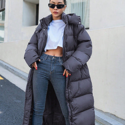 Women's Long Quilted Puffer Jacket | Cozy Hooded Design | Soft Off-White | Polyester Fiber Fill | Winter Casual | Warm Insulated | High Collar | Side Pockets | Effortless Style | Regular Fit