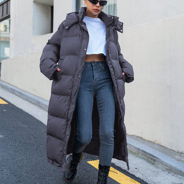 Women's Long Quilted Puffer Jacket | Cozy Hooded Design | Soft Off-White | Polyester Fiber Fill | Winter Casual | Warm Insulated | High Collar | Side Pockets | Effortless Style | Regular Fit