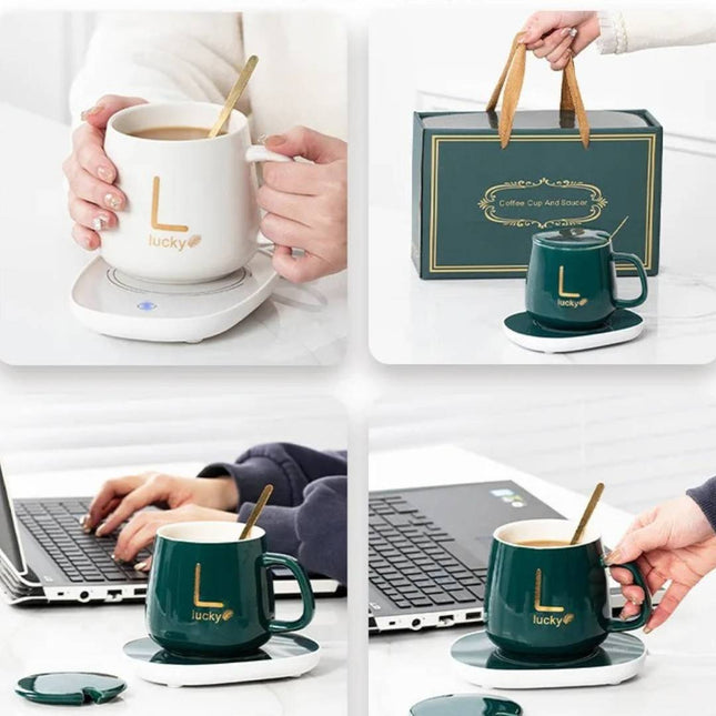 LUX Self-Heating Ceramic Mug Gift Set | Smart USB Electric Coffee Warmer | Adjustable Temperature Control | For Home and Office | Gift-Boxed Set with Gold Spoon | 350ml Capacity | Noustia