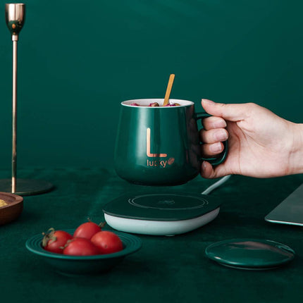 LUX Self-Heating Ceramic Mug Gift Set | Smart USB Electric Coffee Warmer | Adjustable Temperature Control | For Home and Office | Gift-Boxed Set with Gold Spoon | 350ml Capacity | Noustia