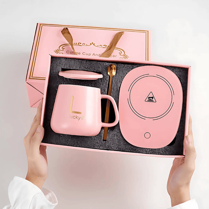 LUX Self-Heating Ceramic Mug Gift Set | Smart USB Electric Coffee Warmer | Adjustable Temperature Control | For Home and Office | Gift-Boxed Set with Gold Spoon | 350ml Capacity | Noustia