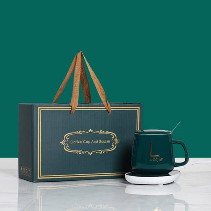 LUX Self-Heating Ceramic Mug Gift Set | Smart USB Electric Coffee Warmer | Adjustable Temperature Control | For Home and Office | Gift-Boxed Set with Gold Spoon | 350ml Capacity | Noustia