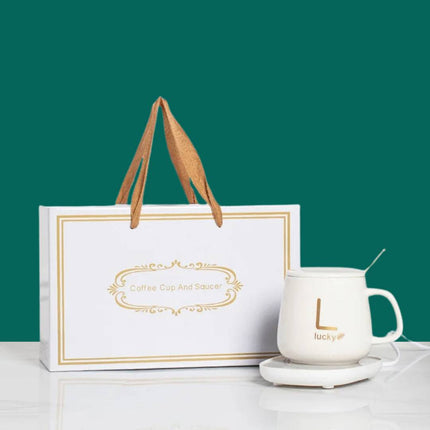 LUX Self-Heating Ceramic Mug Gift Set | Smart USB Electric Coffee Warmer | Adjustable Temperature Control | For Home and Office | Gift-Boxed Set with Gold Spoon | 350ml Capacity | Noustia