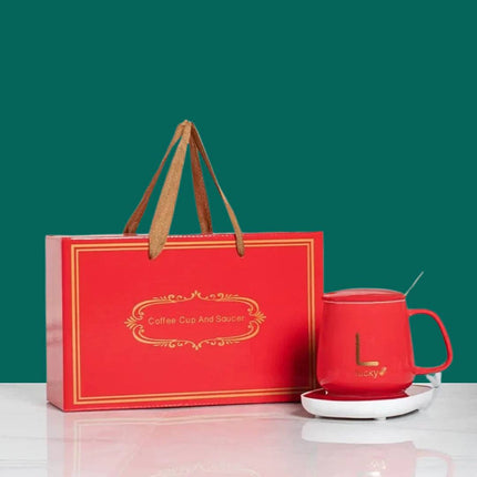 LUX Self-Heating Ceramic Mug Gift Set | Smart USB Electric Coffee Warmer | Adjustable Temperature Control | For Home and Office | Gift-Boxed Set with Gold Spoon | 350ml Capacity | Noustia