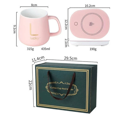 LUX Self-Heating Ceramic Mug Gift Set | Smart USB Electric Coffee Warmer | Adjustable Temperature Control | For Home and Office | Gift-Boxed Set with Gold Spoon | 350ml Capacity | Noustia