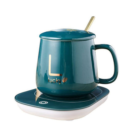 LUX Self-Heating Ceramic Mug Gift Set | Smart USB Electric Coffee Warmer | Adjustable Temperature Control | For Home and Office | Gift-Boxed Set with Gold Spoon | 350ml Capacity | Noustia