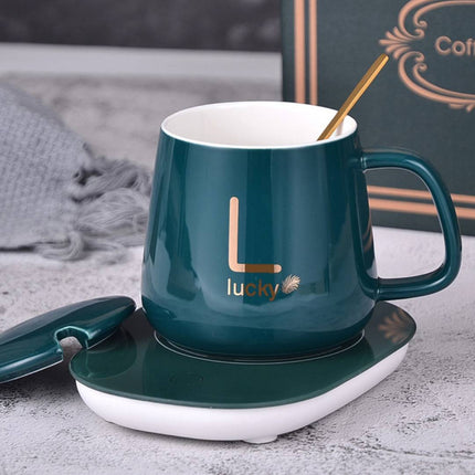 LUX Self-Heating Ceramic Mug Gift Set | Smart USB Electric Coffee Warmer | Adjustable Temperature Control | For Home and Office | Gift-Boxed Set with Gold Spoon | 350ml Capacity | Noustia