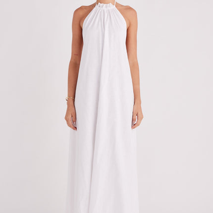 Linen Cotton Blend Maxi Dress | Halter Neckline with Drawstring | Exposed Back | Elasticated Waist | Lined | True to Size