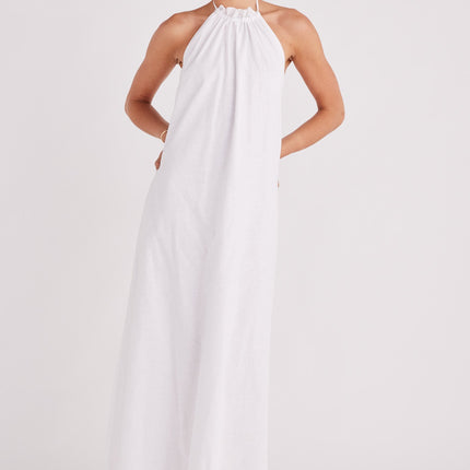 Linen Cotton Blend Maxi Dress | Halter Neckline with Drawstring | Exposed Back | Elasticated Waist | Lined | True to Size