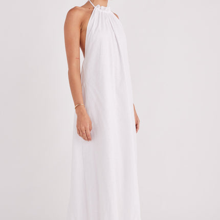 Linen Cotton Blend Maxi Dress | Halter Neckline with Drawstring | Exposed Back | Elasticated Waist | Lined | True to Size