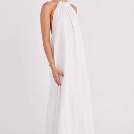 Linen Cotton Blend Maxi Dress | Halter Neckline with Drawstring | Exposed Back | Elasticated Waist | Lined | True to Size