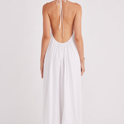 Linen Cotton Blend Maxi Dress | Halter Neckline with Drawstring | Exposed Back | Elasticated Waist | Lined | True to Size
