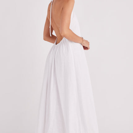 Linen Cotton Blend Maxi Dress | Halter Neckline with Drawstring | Exposed Back | Elasticated Waist | Lined | True to Size