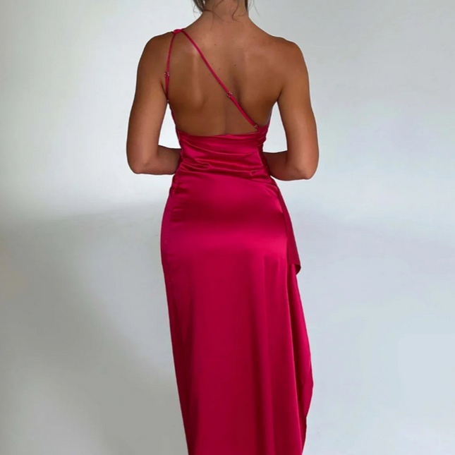 Eva | Pleated Satin Maxi Dress | One Shoulder Elegant Slit Gown for Chic Events