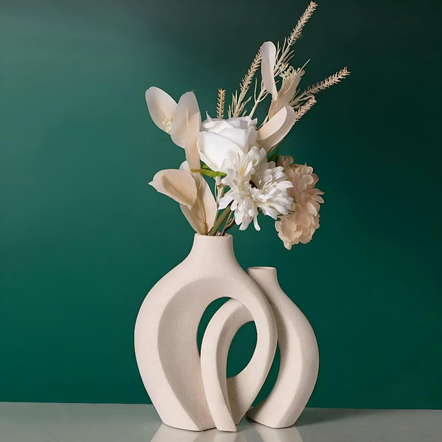 Scandinavian-Inspired Unity Vase Duo | Interlocking Ceramic Design | Modern Minimalist Decor for Lounge or Tabletop | Sustainable Materials | Includes Large and Small Vase | Timeless Neutral Tones