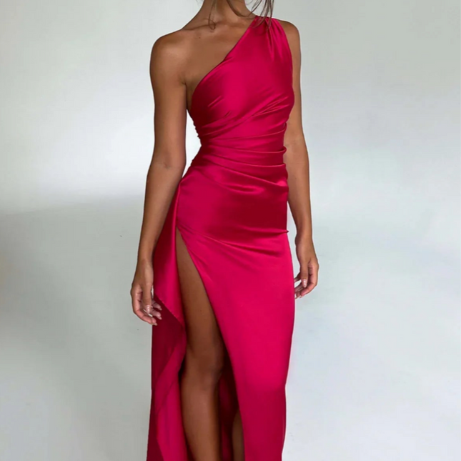 Eva | Pleated Satin Maxi Dress | One Shoulder Elegant Slit Gown for Chic Events