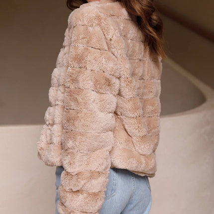 Luxe Women's Soft Faux Fur Crop Jacket | Veloura | Chic Cropped Design | Line Patterns | Metal Claw Clasp | Warm & Stylish | Versatile Outerwear | 100% Polyester | Available in XS - XL