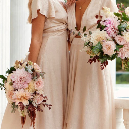 Women's High-Low Satin Dress | Sunny Daze | Champagne | Butterfly Sleeves | Fitted Waistband | Occasion Wear