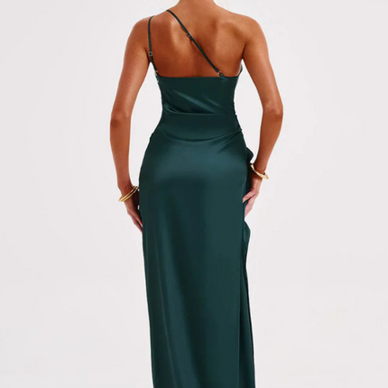 Eva | Pleated Satin Maxi Dress | One Shoulder Elegant Slit Gown for Chic Events