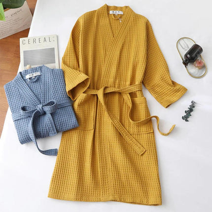 V-neck Cotton Waffle Bathrobe | Ultra-Soft | Breathable | Adjustable Waistband | Practical Pockets | Double-Layered | Relaxed Fit | Suitable for Spring, Summer, Autumn | Machine Washable | Lightweight Loungewear