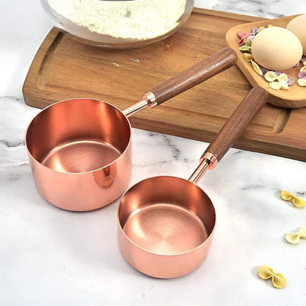 Copper-Plated Stainless Steel Measuring Cups and Spoons Set | Walnut Handle | Engraved Markings | Non-Slip Grip | Perfect for Baking and Cooking | Set of 8 | Ideal as Gift for Kitchen Enthusiasts