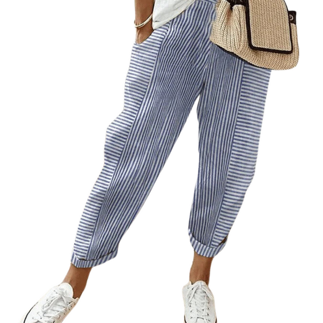 Striped Women's Trousers | High Waist Adjustable Drawstring | Contemporary Look | Functional Side Pockets | Classic Fit for Various Body Types | Size Chart Available