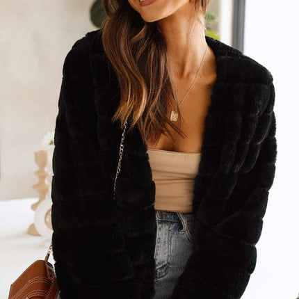 Luxe Women's Soft Faux Fur Crop Jacket | Veloura | Chic Cropped Design | Line Patterns | Metal Claw Clasp | Warm & Stylish | Versatile Outerwear | 100% Polyester | Available in XS - XL