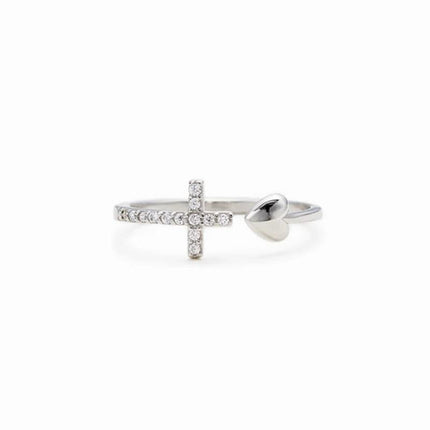 Unique Design S925 Sterling Silver Cross Heart Ring | Adjustable | Nickel and Lead-Free | White Gold Plated | Versatile Jewelry Gift for Loved Ones
