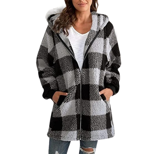HAZEL | Women's Hooded Winter Jacket | Bold Patchwork Design | Zip-Up Front | Large Hood | Cozy Relaxed Fit | Plaid or Striped Pattern | Side Pockets | Warm Outerwear