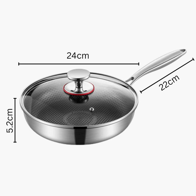 Stainless Steel Titan Pan | Food-Grade 304 | Three-Layer Design | Non-Stick Surface | Ergonomic Stay-Cool Handle | Brushed Finish | Compatible with All Stovetops | Dishwasher Safe | Tempered Glass Lid Included